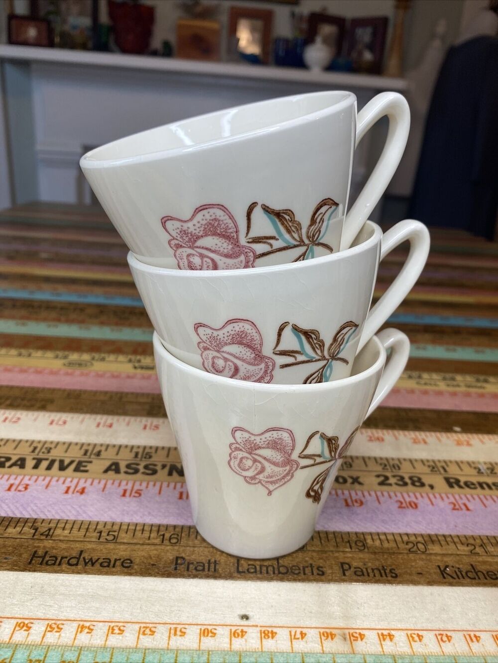 3 VINTAGE Single Rose Cups USA Coffee Tea Mugs White Floral LOT Of 3 MCM